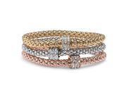 Crystal Beaded Tri Tone Stretch Rope Bracelet Set in Gold Tone Rose Gold Plate and Silvertone 8