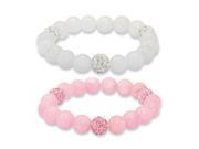 PalmBeach Jewelry Pink and White Agate Crystal Accent Breast Cancer Awareness Bracelet 2 Piece Set