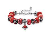 PalmBeach Jewelry Round Red Crystal Silvertone Bali Style Beaded Charm and Spacer Bracelet 8 10