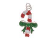 Silver Plated Enamel Charm Striped Xmas Candy Cane Facing Left 20mm