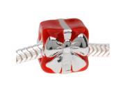 European Style Large Hole Bead Present with Bow 12x9mm Silver Tone with Red