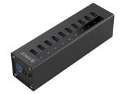 ORICO Aluminum 10Ports USB 3.0 HUB with 3.3Ft. USB 3.0 Date Cable and 12V 3A Power Supply for Macbook PC Laptops HUB is not a Charger Data transfer Only Blac