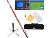 Mendini MFE RD Red Lacquered Key of C Closed Hole Flute with Nickel Plated Keys Tuner Case Stand Pocketbook Accessories