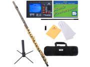 Mendini MFE 30BNG Intermediate Black Nickel Plated Gold Keys Open Closed Hole C Flute with B Foot Case Tuner Stand More