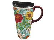 Cypress Home Ceramic Fairview Floral Travel Coffee Mug 17 ounces