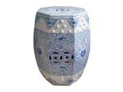 Chinese Ceramic Garden Stool Blue White Hexagonal Lotus Design