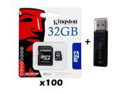 100 PACK Lot of 100 Kingston 32GB MicroSD HC Memory Card SDC4 32GB with SD Adapter and Dual Slot Memory Card Reader