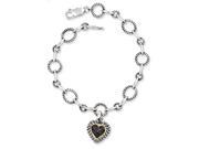 Sterling Silver w 14ky Black Diamond Heart Link 7.5in Link Bracelet