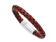 Stainless Steel Brown Leather 8.5in Bracelet