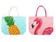 Hot Pink Flamingo and Yellow Pineapple Jute Tote Bags Set of 2