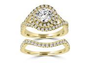 1.60ct Round Cut Double Halo Matching Wedding Set in 14kt Yellow Gold