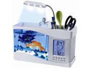 USB Desktop Aquarium Mini Fish Tank with Running Water LCD Time Clock Alarm Colorful LED Lamp Light Calendar Holds 1.5 Quart for Home Office Decor