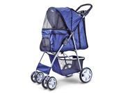 4 Wheels Pet Dog Stroller Cat Small Animals Carrier Large Deluxe Folding Flexible Easy Walk Jogger Jogging for Travel Up to 30 Pounds With Rain Cover Dark Blue