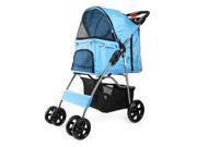 4 Wheels Pet Dog Stroller Cat Small Animals Carrier Large Deluxe Folding Flexible Easy Walk Jogger Jogging for Travel Up to 30 Pounds With Rain Cover Blue