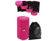 Pink Hard Tube Shaped Rollup Jewelry Box with Multipule Tier Small Boxes Snap Closure and Bonus Drawstring Bag