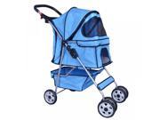 Blue 4 Wheels Pet Stroller Cat Dog Cage Stroller Travel Folding Carrier 04T