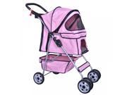 Pink 4 Wheels Pet Stroller Cat Dog Cage Stroller Travel Folding Carrier 04T