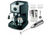 DeLonghi EC155 15 BAR Pump Espresso and Cappuccino Maker with Coffee Measure Milk Frother Two 3 oz Ceramic Tiara Espresso Cups and Saucers and Frothing Pitch