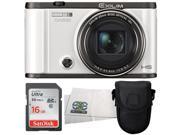 Casio Exilim EX ZR3500 Self Portrait Compact Digital Camera White with SanDisk 16GB Ultra Class 10 SDHC Memory Card Small Point Shoot Carrying Case and Mic