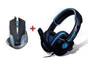 PC Gaming Headset w Microphone Mic 2500 DPI Blue LED Optical USB Wired Gaming Mouse Mice for PC Laptop