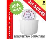 Zebra Eltron Compatible 3 x 1.5 Labels 3 x 1 1 2 BPA Free! 9 Rolls; 950 Labels per Roll