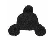 Black Plush Knit Triple Pom Pom Beanie Cap