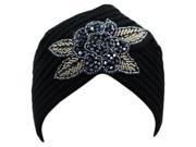 Black Winter Knit Turban Beanie With Beaded Flower