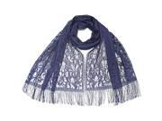 Navy Blue Old Fashion Floral Lace Scarf With Fringe