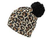 Beige Black Leopard Knit Beanie Hat With Pom Pom