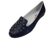 Navy Blue Genuine Leather Silver Star Studded Loafer Style Flats
