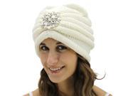 White Knit Turban With Beaded Broach