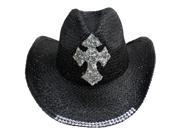 Black Straw Cowboy Hat With Sequin Cross