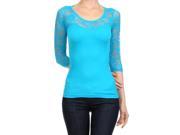 Turquoise Lightweight Three Quarter Sleeve Top With Lace Trim