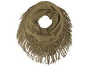 Beige Ribbed Knit Circle Scarf With Fringe