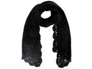 Black Thick Crochet Knit Scarf With Rosette Trim