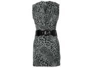 Gray Black Leopard Print Belted Dress With Draped Neckline