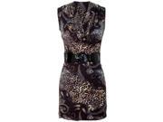 Brown Multicolor Exotic Print Belted Dress With Draped Neck