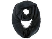 Black Fuzzy Knit Circle Infinity Scarf With Frayed Edge