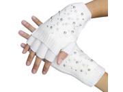 Ivory Half Finger Knit Arm Warmer Gloves With Rhinestones Pearls
