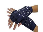 Navy Blue Half Finger Arm Warmer Gloves With Rhinestones Pearls