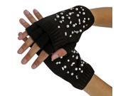 Brown Half Finger Knit Arm Warmer Gloves With Rhinestones Pearls