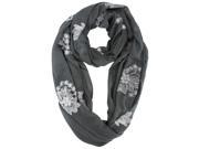 Gray Silky Lightweight Circle Scarf With Floral Embroidery