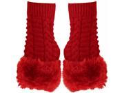 Red Faux Fur Trim Fingerless Arm Warmer Gloves