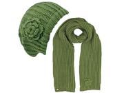 Olive Green Feminine Rosette Knit Beret Hat Scarf Set
