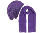 Purple Feminine Rosette Knit Beret Hat Scarf Set