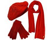 Red Cable Knit Beret Hat Scarf Glove Set