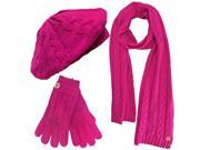 Hot Pink Cable Knit Beret Hat Scarf Glove Set