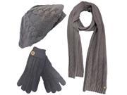 Dark Grey Cable Knit Beret Hat Scarf Glove Set