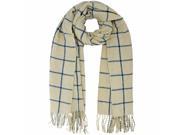 Beige Navy Blue Check Unisex Cashmere Feel Scarf With Fringe