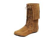 Brown Suede Style Moccasin Boots With Fringe